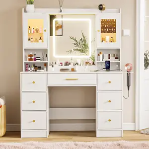 White Makeup Vanity Desk with Mirror and Lights, Large Vanity Table Set with Charging Station, Dressing Table with RGB Cabinets, Makeup Vanity Mirror with Light Desk and Drawers, 3 LED Light Modes