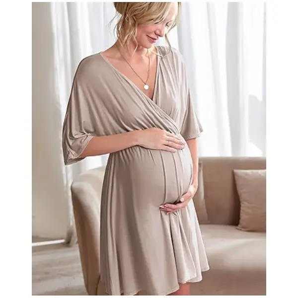 Ekouaer Women's 3-in-1 V-Neck Short Sleeve Rayon Maternity Gown - Skin-Friendly, Super Stretchy, Belly Care, Bump Friendly Fashion for Labor/Delivery, Breastfeeding Journey (S-XXL), Pregnancy, Maternity Clothing, Waist Expands, Breast Access