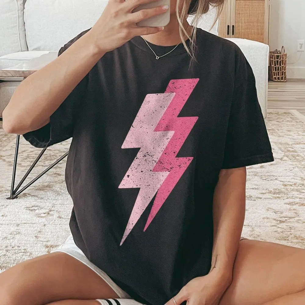 Pink Lightning Bolt T-Shirt, Trendy Soft Graphic Tee for Women, Retro 80s TShirt Y2k 90s Vintage Shirt,Punk Rock Aestheti