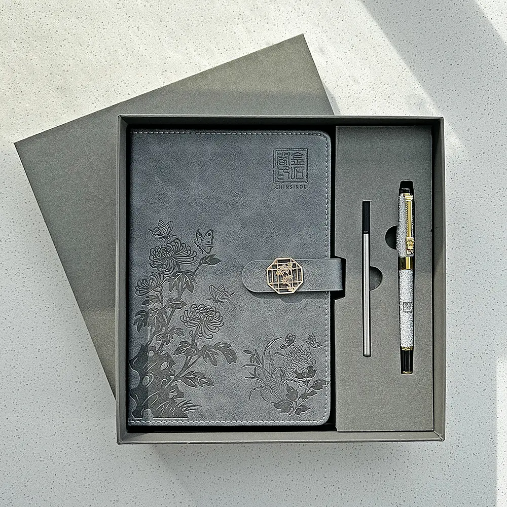 Chinsikol Notebook Journal Gift Set with Metal Signature Pen and Replacement Refills, Elegant Chrysanthemum Print, Perfect for Office and Study, Journals for Writing