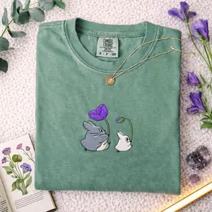 Embroidered Comfort Colors Tee Forest Spirits and Flowers – Whimsical Nature-Inspired Shirt, Cozy Cottagecore Anime Aesthetic