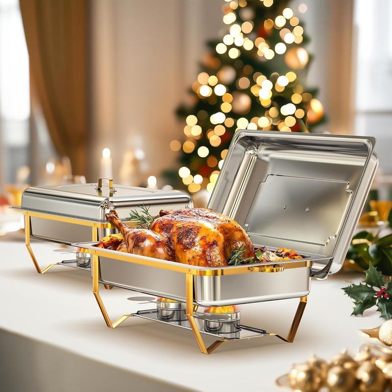 Gold Chafing Dishes for Buffet 9QT 2 Pack/4 Pack, [Easily Assemble] 430 Stainless Steel Chafing Dish Buffet Set w/Foldable Frame, [No Finger Cut] Chafer for Catering