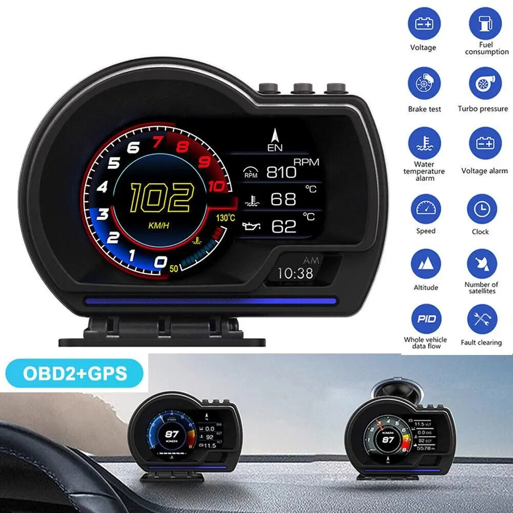 RIMOODY Multifunctional OBD2+GPS Dual-System Car HUD Gauge - Plug-and-Play Head-Up Digital Display with Speed/RPM/Temp, Turbo, Altitude, Temp Alarm, Driving Info, Gasoline Cars Vehicle Accessories, Father's Day Gift,car accessories