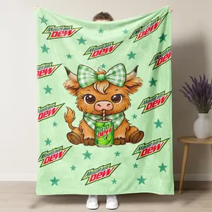 Mtn Dew Baja Blast Cute Highland Cow Checkered bow Pattern Blanket,Mountain Dew Lime Green Blanket Soft Warm Throw Blanket, Warm Nap Blanket for Home Office Travel Camping