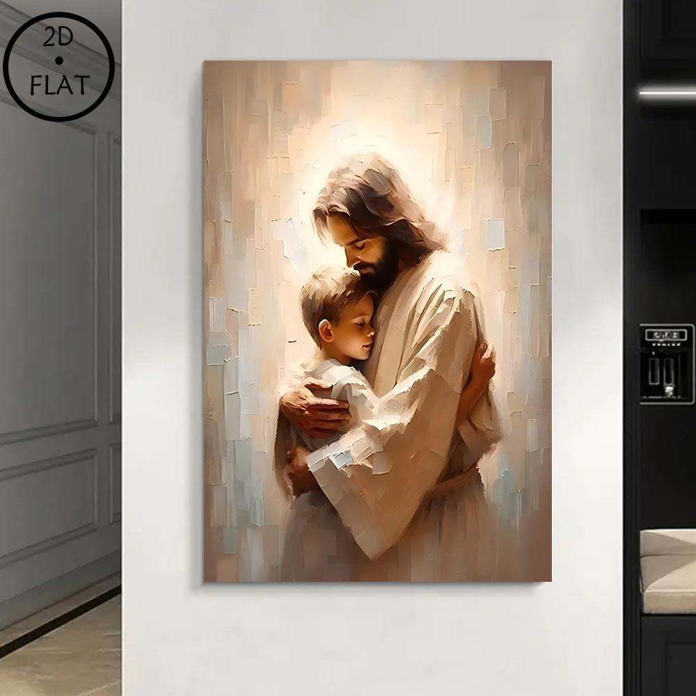 Christian Wall Art Jesus with Boy Shepherd Art 2D Flat Framed Canvas Print Waterproof Silver Wall Art for Gifts and Decor