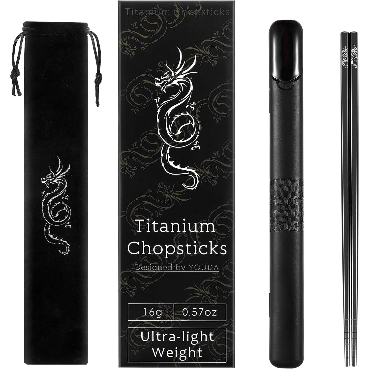 Engraved Titanium Chopsticks Set (1 Pair, 9 in) with Chinese Dragon Design, Sturdy Durable Cutlery, Lightweight Tableware, Black Portable Carrying Case, Dishwasher-Safe, for Home, Picnicking