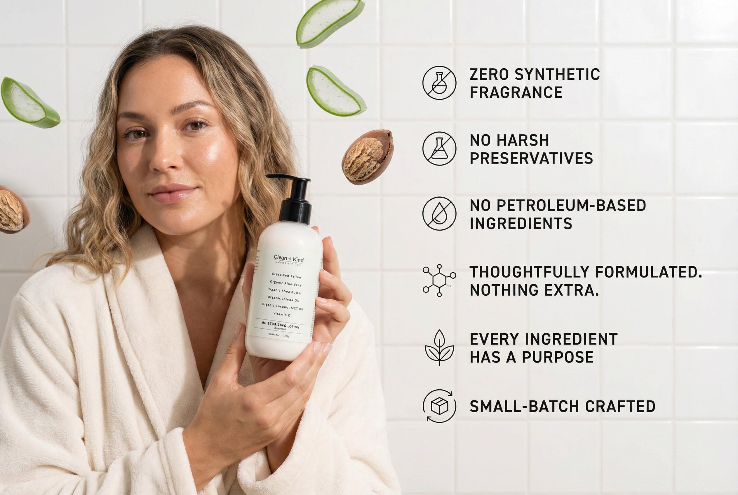 Clean + Kind Unscented Daily Moisturizing Lotion 8 oz | Vanilla, Lemongrass & Unscented | Tallow, Jojoba Oil, Vitamin E, Aloe Vera | Deep Hydration & Skin Barrier Support