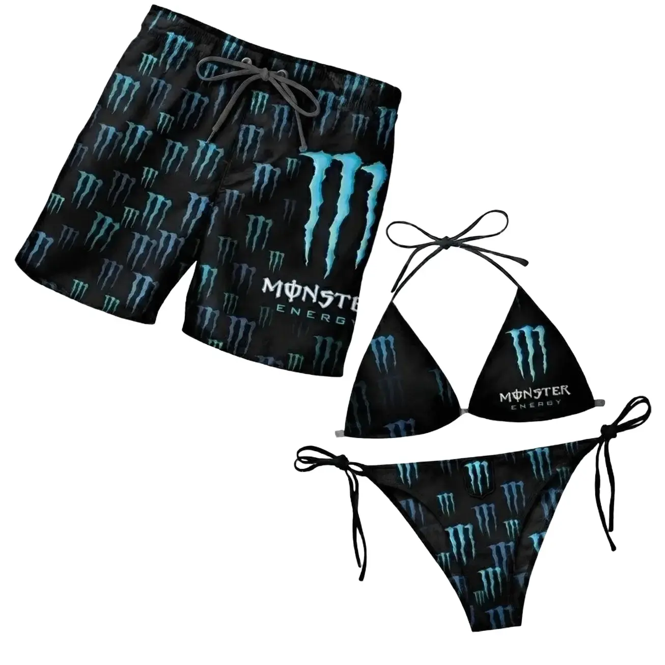 Matching Monste Floral Couple Swimwear Sets - Women's Swim Bra & Tie-Side Thong Bikini, Men's Beach Shorts, Summer Vacation Hawaiian Sports Swimwear