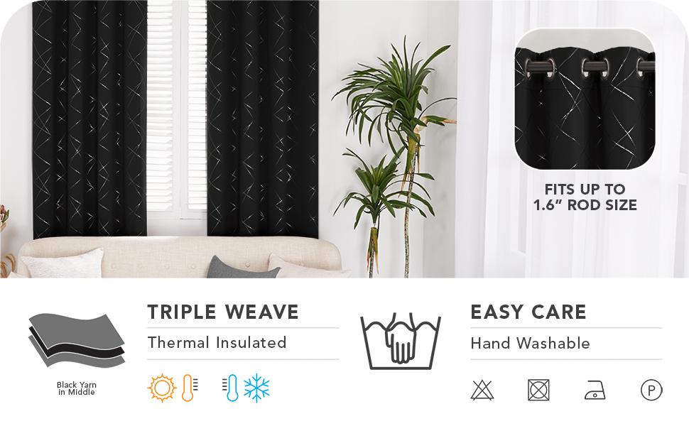 Deconovo Blackout Curtains Silver Parallel Slash Thermal Insulated Noise Reducing Privacy Drapes for Bedroom & Living Room Black Patterned Grommet Top