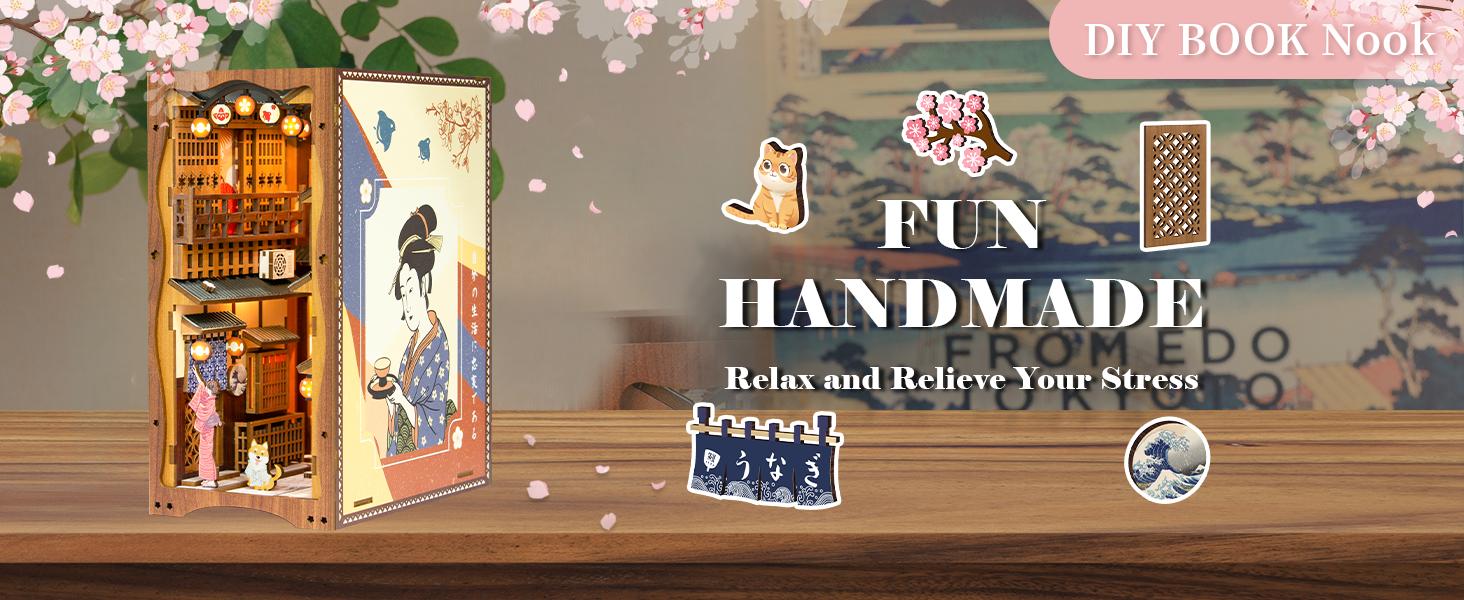 CUTEBEE DIY Book Nook Kit Under the Sakura Tree Wooden Miniature Japanese Street with LED Light Handmade Decor Christmas & Black Friday Gift for Adults 214 Components - Crafts