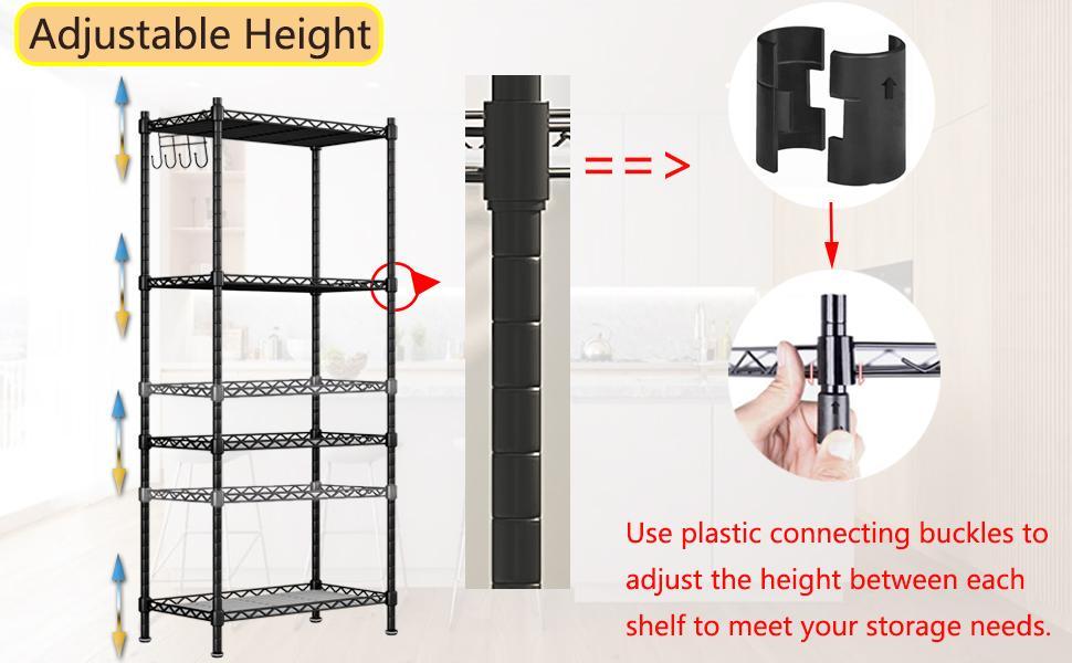 5-Tier Metal Storage Rack Organizer for Kitchen Laundry Garage Bathroom Pantry Closet Office 16.54"Wx11.81"Dx50"H Black Reinforced Iron Pipe Spider Mesh Design Durable Rust-Proof Coating Adjustable Feet & Hooks Easy Assembly Shelf Shelf