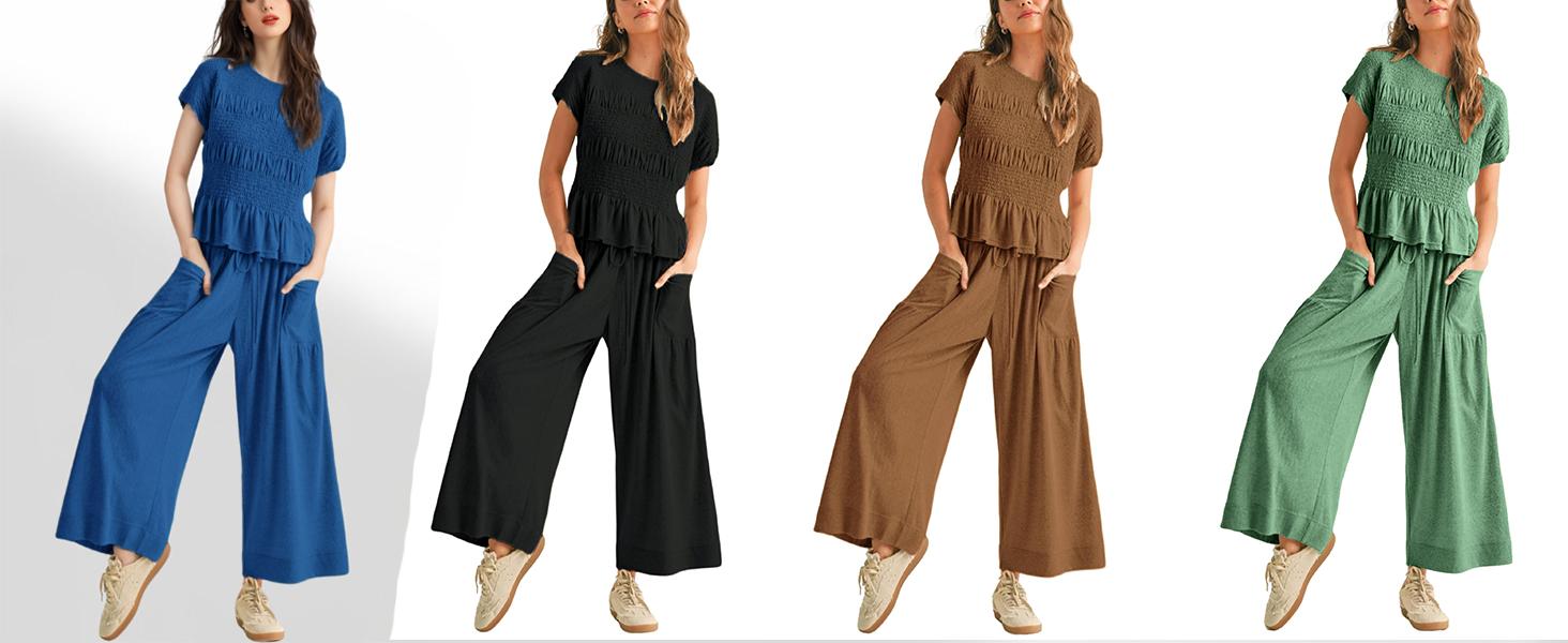 Naeduo Women's 2-Piece Smocked Top & Wide-Leg Pants Set - High-Waisted Lounge Outfit with Pockets Casual Boho Matching Set in Soft Breathable Fabric SpringStatements