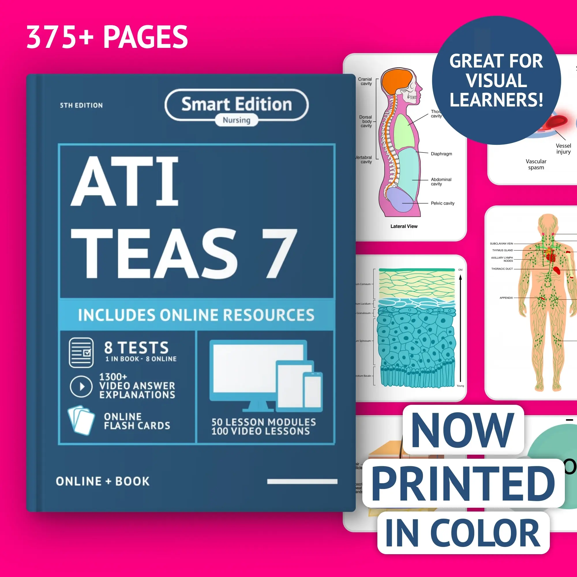 Smart Edition ATI TEAS 7 Study Guide - Color Exam Review Book, 8 Realistic Practice Tests, 50 Lessons/Topics, English Soft Cover, Easy Understanding Online Resources for Visual Learners (Nursing Exam Prep Textbook)