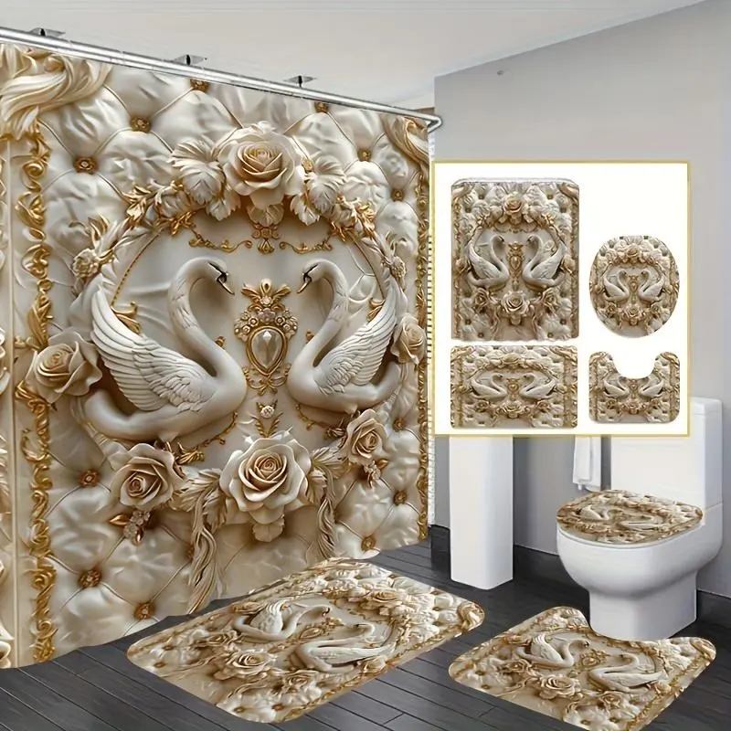 71in x 71in Soft  Modern Polyester Removable Shower Curtain 4-Piece Set (Plastic), Elegant Ghost Master Golden Cube Swan Love Print, 12 Hooks, Non-Slip Bath Mat, U-Shape Toilet Mat, Toilet Seat Cushion, Bathroom Decor, Halloween Gift