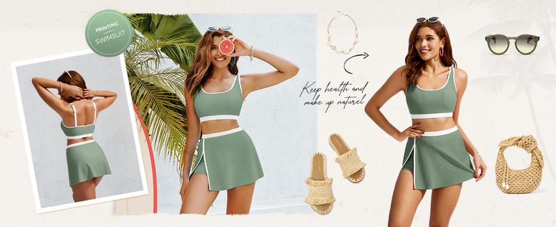 【S-2XL】Hanna Nikole Bikini Sets for Women Color Block Swimsuits with Side Slit Swim Skirt #TikTokShopBlackFriday