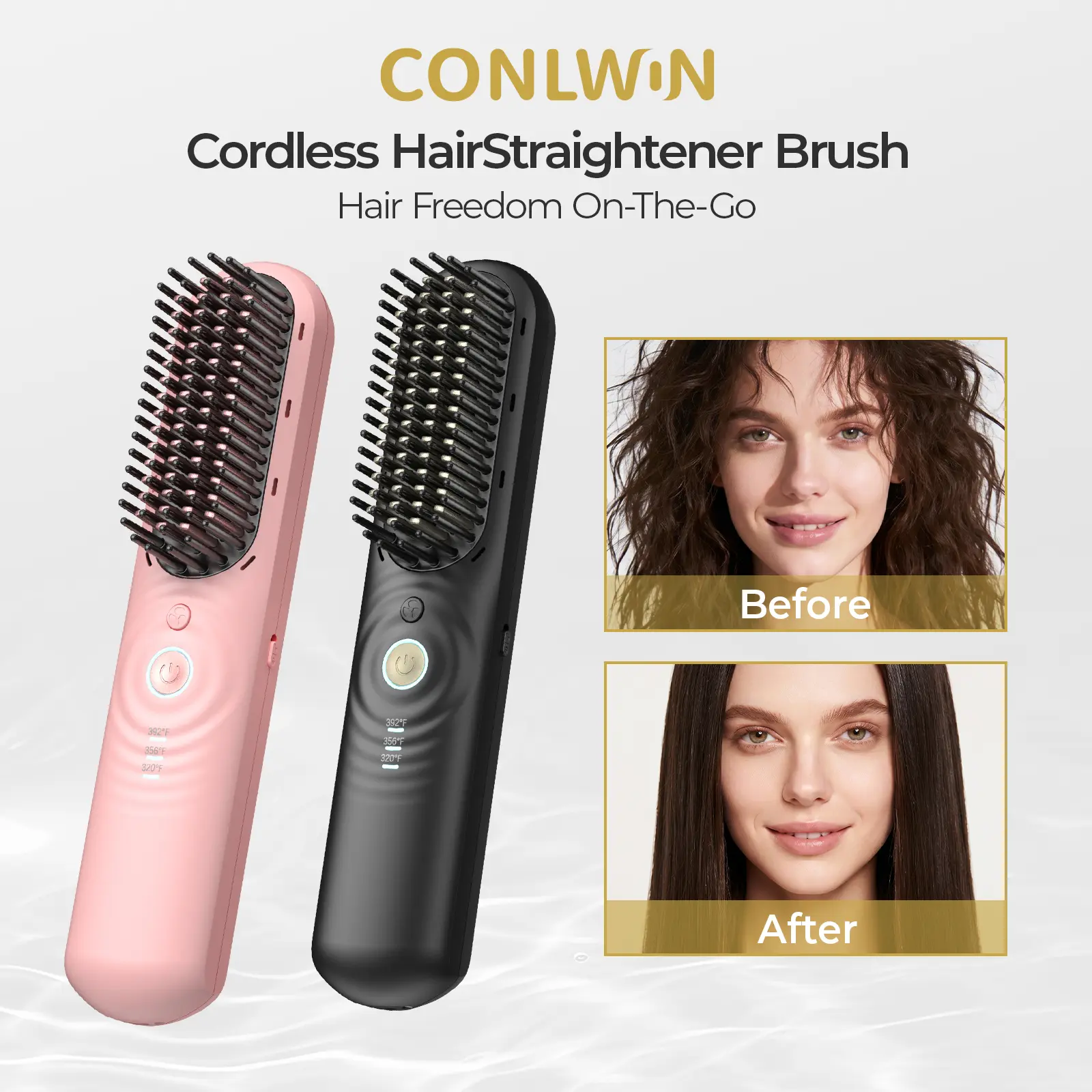 CONLWIN Cordless Hair Straightener Brush with Cool Air Long-Lasting Style, Portable Mini Travel Hair Straightener,2 in 1 Straightening & Curling Brush,for Thick Curly Hair, 350M Negative Ions for Frizz-Free, Quick Straightening,Gift for Women