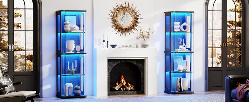 BROTTAR Rounded Display Cabinet with Glass Door, 4-Tier Curio Cabinet with 3 Color Lights for Collectibles, Glass Display Case with Transparent Full-Display Surface, Human Body Sensor, Black