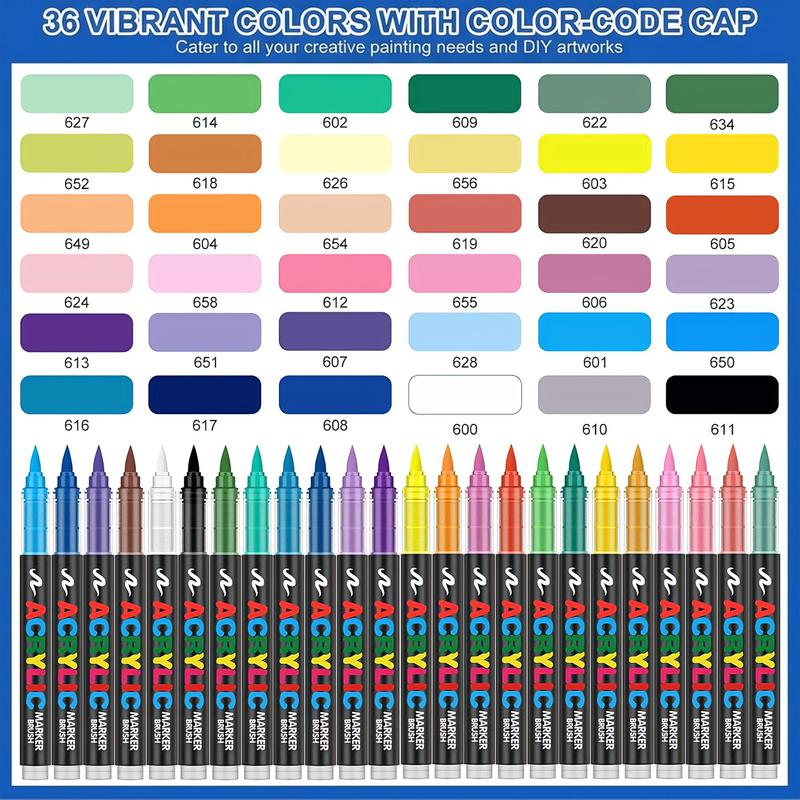 36 Color Acrylic Paint Pens, Soft Brush Tip Acrylic Paint Markers,Quick-Drying Waterproof Acrylic Markers for Canvas, Rock Painting, Wood, Stone, Glass, Ceramic, Fabric Painting, DIY Crafts