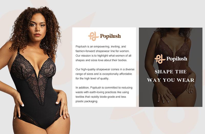 Popilush Deep-V Neck Built-in Shaper Lace Bodysuit Elegant Adjustable - live