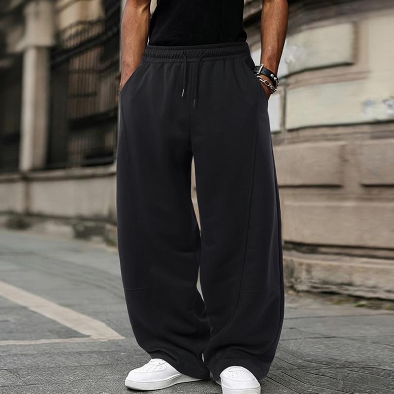 Solid Color Men's Loose Straight Long Pants - Polyester Fabric Soft and Slightly Stretchy, Drawstring Waistband, Outdoor Casual Style and Streetwear for Spring and Autumn, Two Side Pockets, Suitable for All Seasons