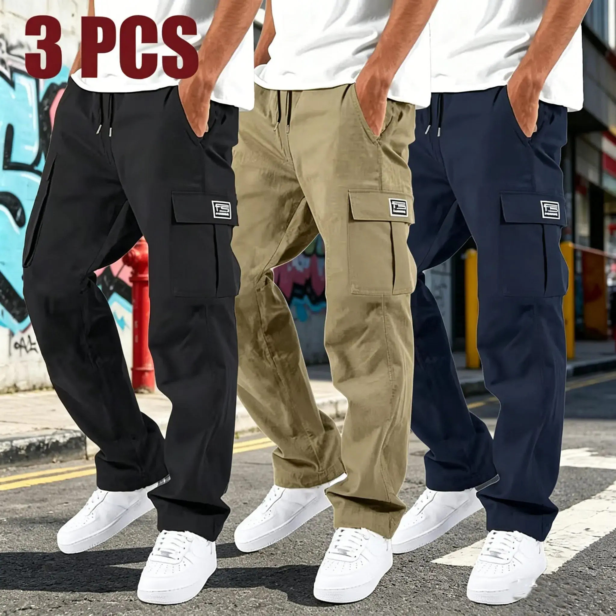 Men’s Cargo Pants - Mid Waist, Drawstring, Fashionable, Durable Polyester, Straight Loose-Fitting, Wrinkle-Resistant, Multi-Pocket All-Season Menswear Work & Casual Long Trousers, Summervibes Beige Activewear