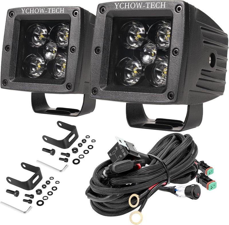 YCHOW-TECH 2PCS 3in Aluminum Waterproof 100W CREE Spot Beam Square LED Pods Kit, 10-30V DC 12V Off-Road A-Pillar Driving/Fog Lights with Cooling, IP68 Attached DT Connector Wiring Kit for Trucks, Boat, ATV, Tractor, Universal Fit Vehicles