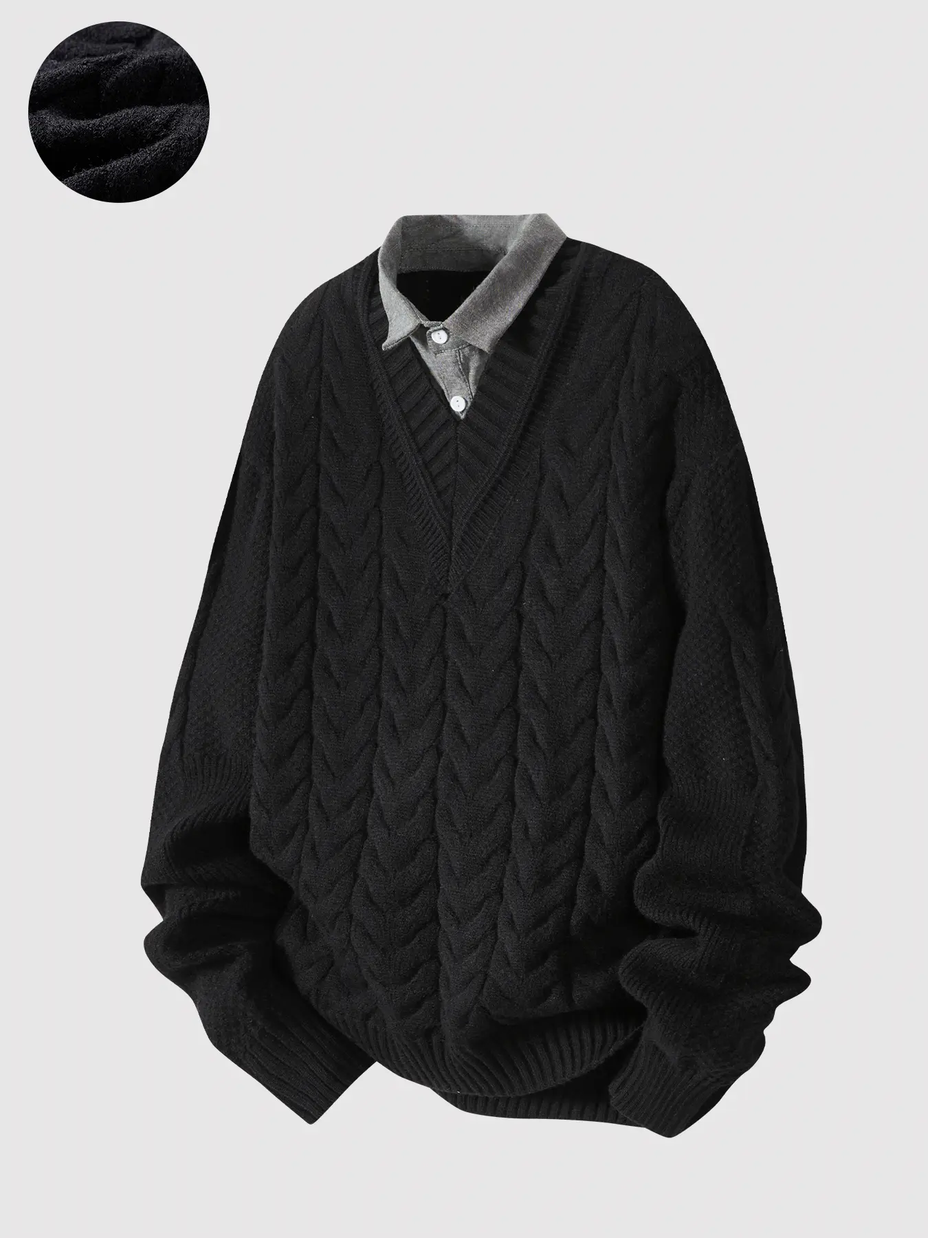Oversized Cable Knit Sweater, Fake Two Piece Collared Pullover, V Neck Long Sleeve Loose Fit Jumper For Men Women Casual Outfits