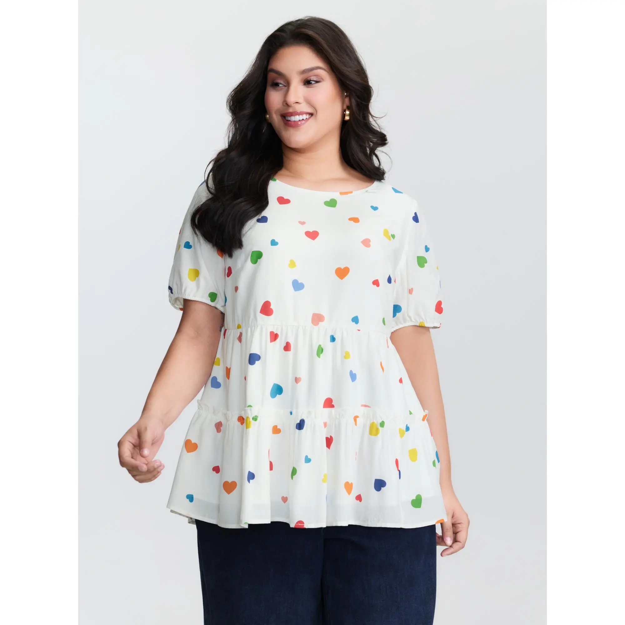 【Summer Turn-Up】【Essential】BlOOMCHIC Plus Size Supersoft Colorful Hearts Tiered Round Neck Blouse [M-6X]  for,Summerfinds Fit Womenswear Fabric Rayon