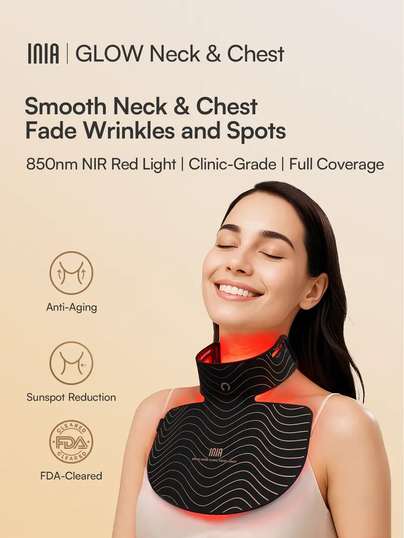 Product Introduction of INIA GLOW Neck & Chest Red Light Mask – 850nm NIR LED Mask for Wrinkle & Spot Reduction, Lift & Firm in 4 Weeks, Rechargeable 2600mAh Controller, Clinic-Grade Full Coverage, Best Valentine's Day Gift for Her 0