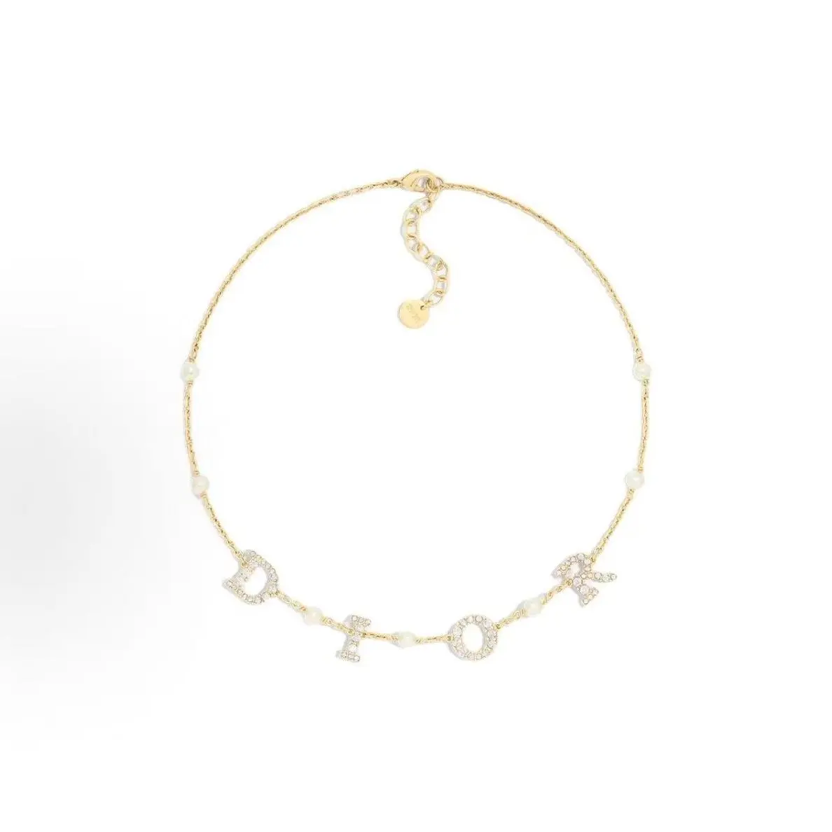 Pre-owned Brand New,Dior DIOR Letter Logo Crystal & Pearl Necklace (Gold Tone)