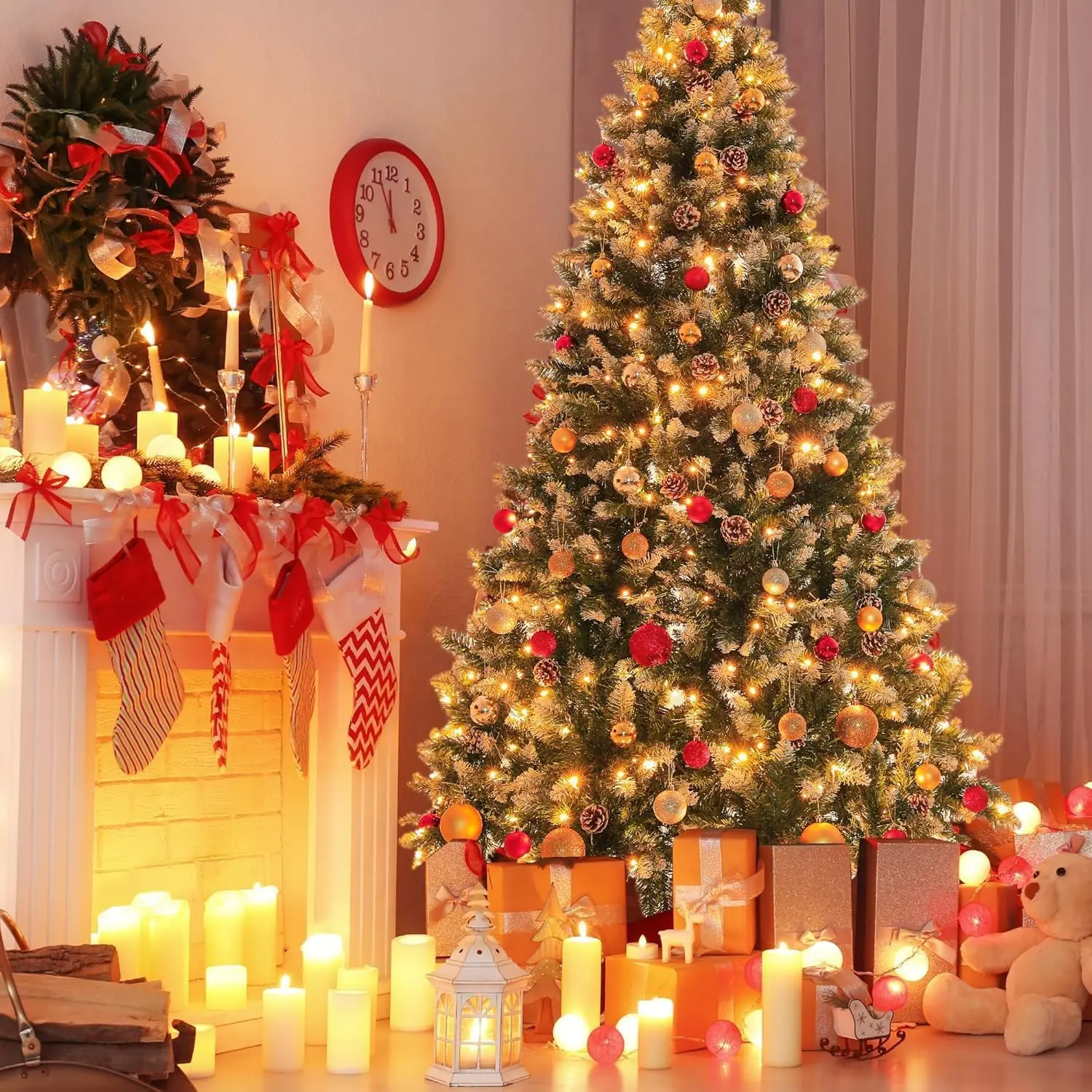 4.5 Ft Pre-Lit Flocked Artificial Christmas Tree with Pine Cones, Full Natural Hinged Branches - Premium Pre-Lit Xmas Tree with Easy Assembly & Sturdy Stand, Ideal for Home Office Winter Holiday