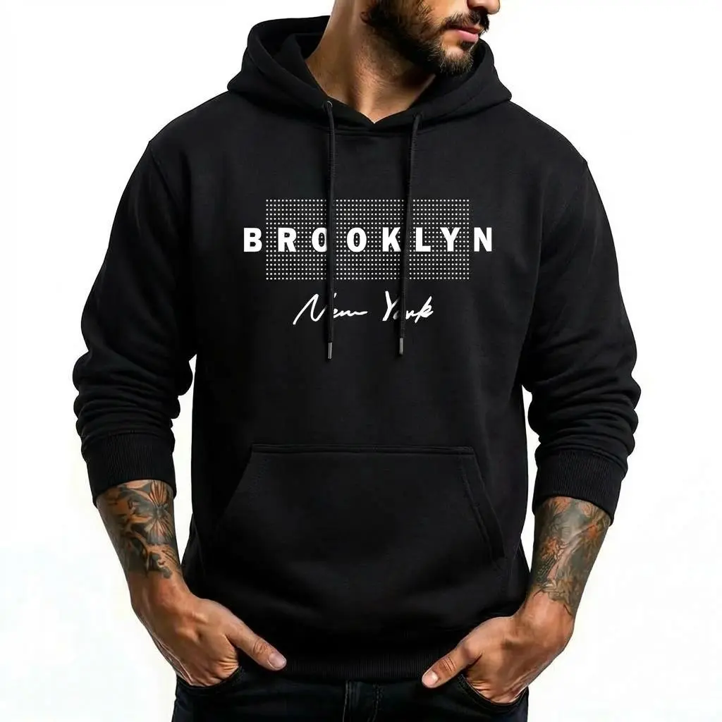 Unisex Streetwear Comfort Hoodie Brooklyn New York Graphic Print Essential Hoodie Heavyweight Cotton Sweatshirts For Women Men Pullover City Aesthetic Preppy Urban Casual Top Black Printed Unisex Casual Hoodie Long Sleeve