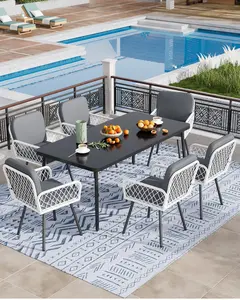 7 Piece Patio Dining Set, Outdoor All-Weather Wicker Furniture with Table, Patio Conversation Sets with Cushions for Balcony, Garden, Sunroom, Porch, Patio Sectional Set, Rattan Conversation Sets