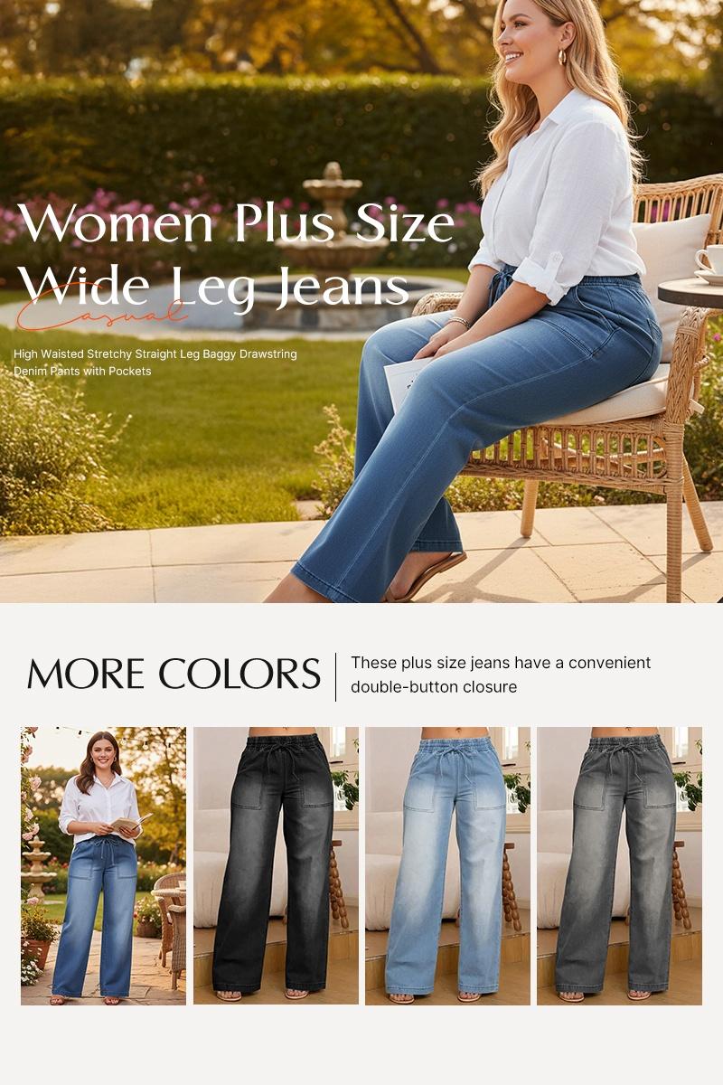 Eytino Plus Size Jeans,High Waisted Straight Leg Stretchy Drawstring Wide Leg Denim Pants for Curvy Women(Sizes 14-32)
