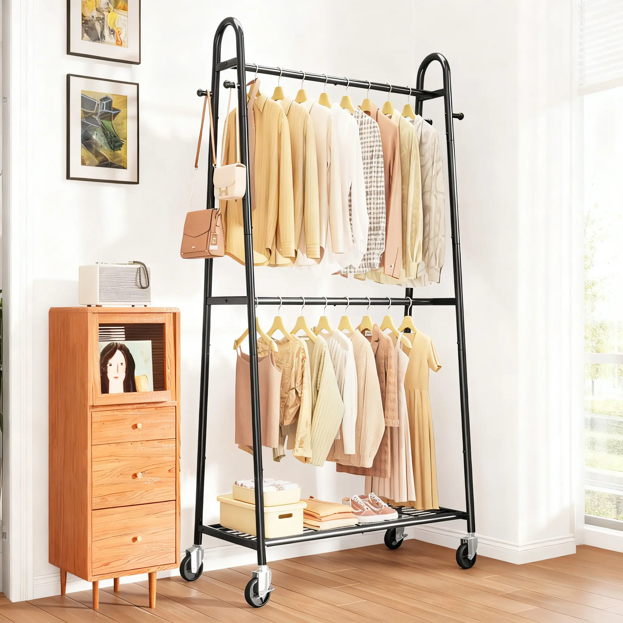 Metal 2-Tier Double Rod Clothes Rack - Freestanding Garment Organizer for Laundry, Garment Storage, Home Supplies Laundry Accessories with Metal Frame, Two Tiers