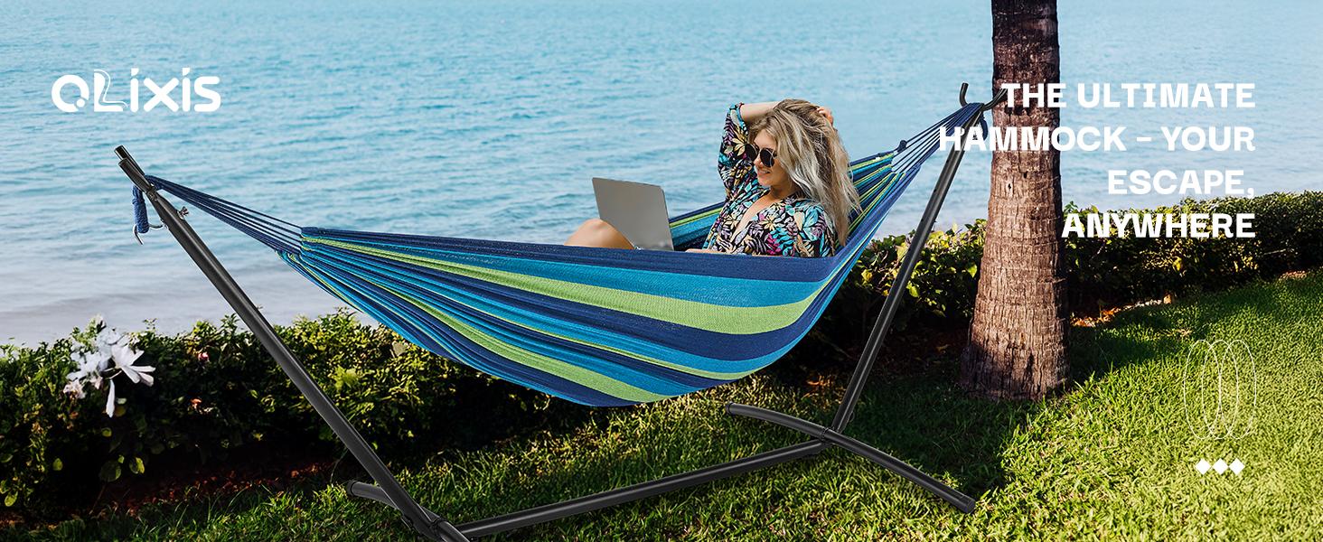 Double Hammock With Carry Bag, With Space-Saving Stand, Heavy-Duty Steel Frame, 450 Lb. Load Capacity, Easy To Assemble, For Patio, Park, Outdoors