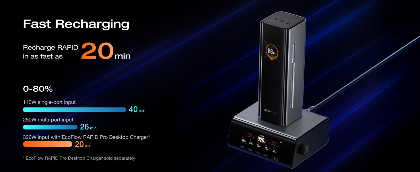 【Exclusive TikTok Gift】ECOFLOW Rapid Pro Power Bank (27650mAh, 300W Max Output, 140W Built-in Cable), 4-Port Portable Charger, TSA-Approved, Up to 320W Recharge, Compatible with MacBook, iPhone 17/16/15, Galaxy, Laptop