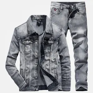 Men 2 piece sets new simple autumn smoky gray long sleeve jacket + jeans fashion slim couple suit