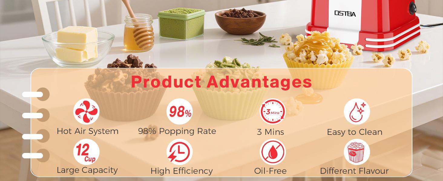 OSTBA Mini Retro Oil-Free Popcorn Maker, 1200W Hot Air Popper Machine, 12 Cups Electric Popcorn Popper with Butter Tray, One-Button Control, Compact Popcorn Maker for Home & Gifts