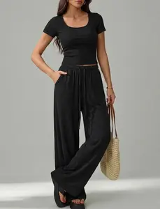 UpSpark Womens 2 Piece Lounge Set Square Neck Slim Fit Top Wide Leg Pants Casual Matching Outfits with Pockets Suits Trouser ski   Outfit Crop Top and Shorts clothing Top and Skinny Pants Set Women's color