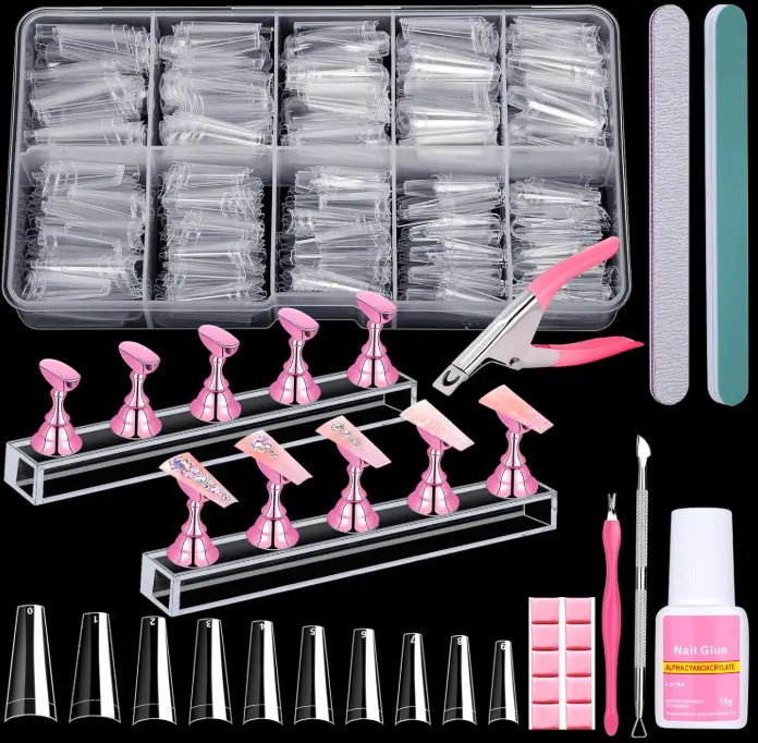 600PCS Clear Coffin Nail Tips Set - Clear Nail Tips for Acrylic Nails French Half Cover Fake Nail Tips Kit with Nail Glue, Nail Display Stand, Clipper, Cuticle Pusher Remover, Nail File and Buffer