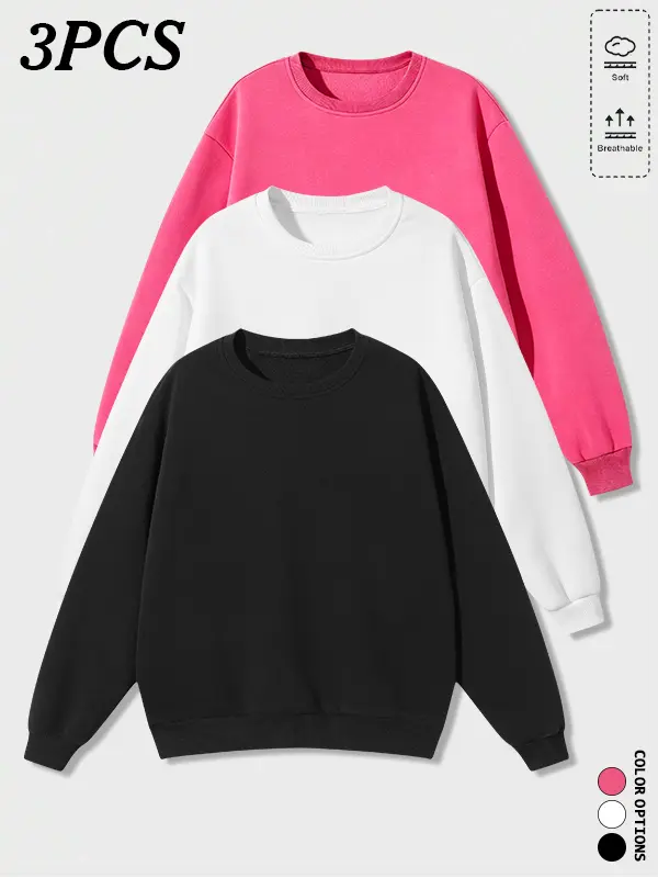 3-pack men’s drop-shoulder basic crewneck sweatshirts, featuring a classic original crewneck design that can be mixed and matched freely, suitable for all clothing occasions in everyday life.