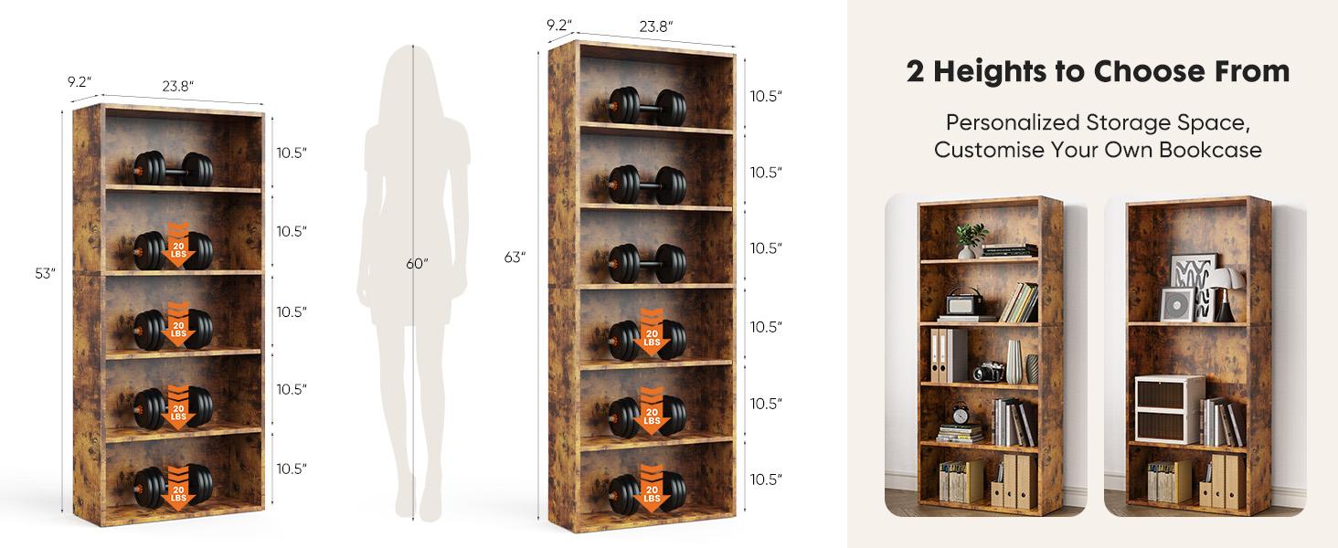 Sweet Furniture F 5/6 Shelf Bookcase Open Industrial Bookshelf Large Storage Floor Standing 53 Inch Tall Bookcase for Home Office, Living Room, Bed Room