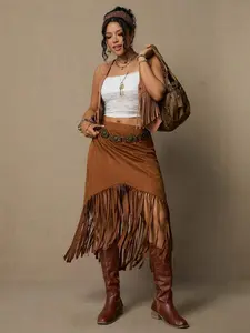 Freevana Plus Size Bohemian Suede Fringe Skirt, Casual Holiday Style