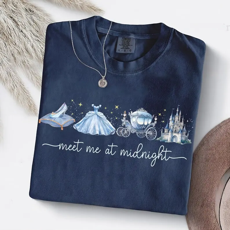 Comfort Colors Meet Me at Midnight T-Shirt, Fairytale Carriage Inspired Tee, Magical Princess Party Graphic TShirt, Cute Girls Trip Womenswear Cotton