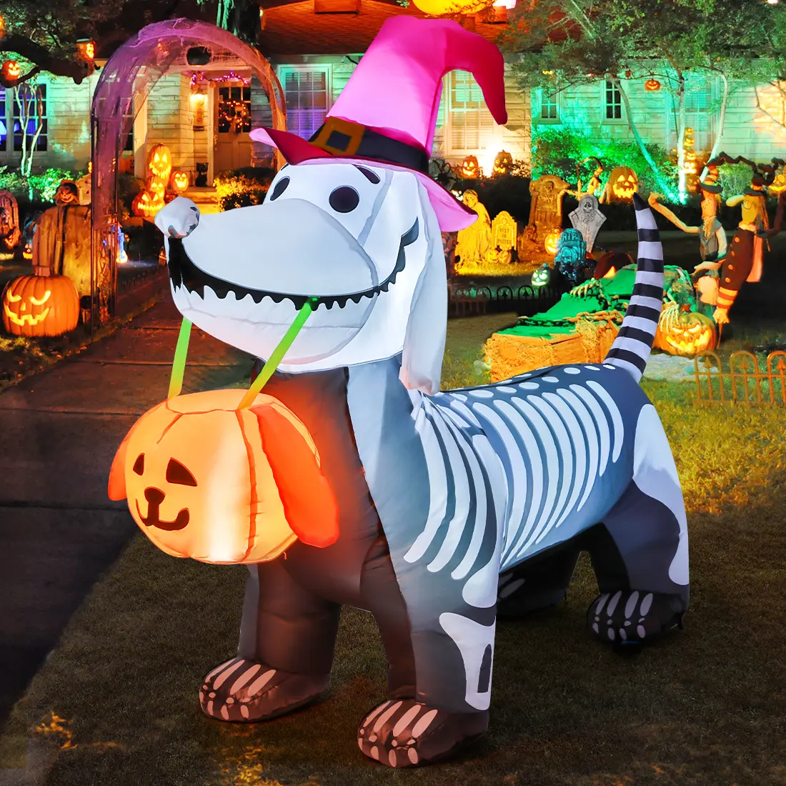 GOOSH 5Ft Giant Inflatable Halloween Decorations Outdoor - Built-in LED Lights, Blow-Up Pumpkin & Animated Glow Movable Skeleton Puppy, Outdoor Party Holiday Decor for Yard Use, Outdoor Party Decorations