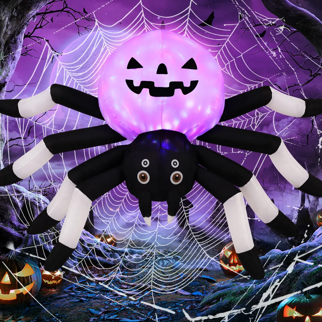 GOOSH 5 FT Wide Scary Inflatable Outdoor Spider - Waterproof Poly Halloween Yard Decor, Built-In Fan, Easy Setup, LED Glow, Pumpkin Back, Inflatable Mascot Outdoor Holiday Decorations, Holiday Decorating