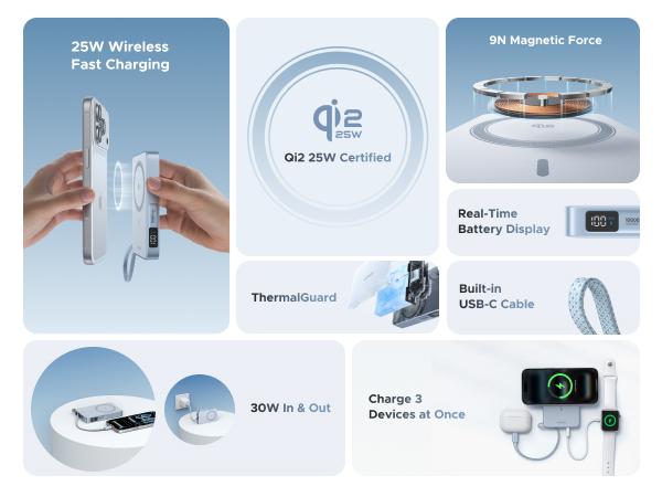 UGREEN MagFlow 10000mAh Power Bank Qi2 25W Certified Wireless Charging Magnetic Portable Charger for MagSafe with Built-in Cable 30W USB-C Battery Packfor iPhone17 Pro Max/Pixel 10 Pro XL,Tiktokshopstockup