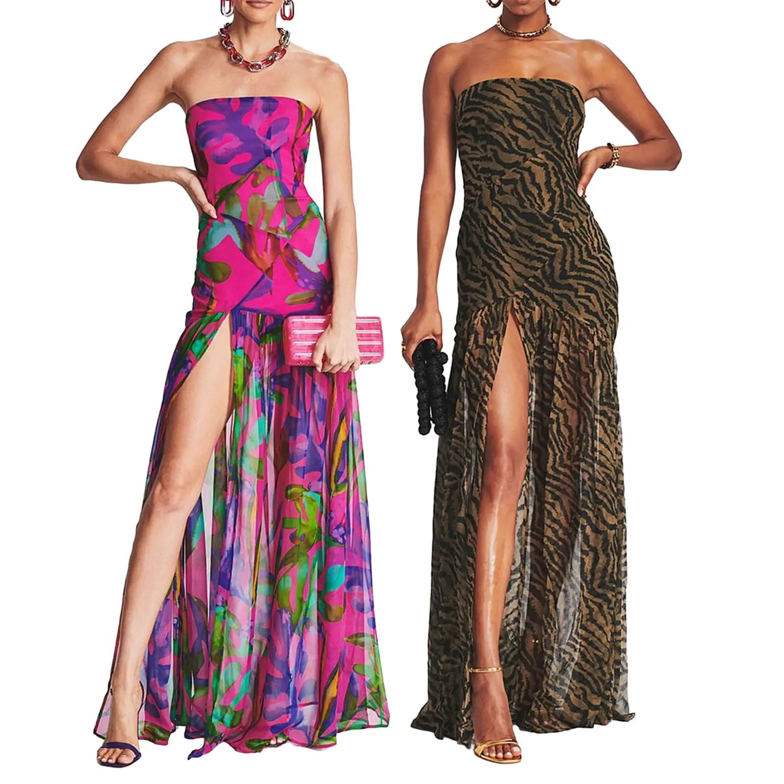 Women Strapless Tube Maxi Dress, Tropical Leopard Print High Slit Chiffon Flowy Ruched Bodycon Long Formal Evening Party Gown