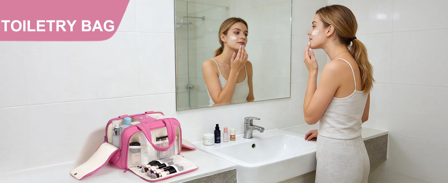 Bagstellar Wide-open Large Toiletry Bag, Lightweight Puffy Travel Bag for Women, Quilted Makeup Bag Organizer Water-resistant Cosmetic Bag with Handle for Toiletries, Essentials, Accessories